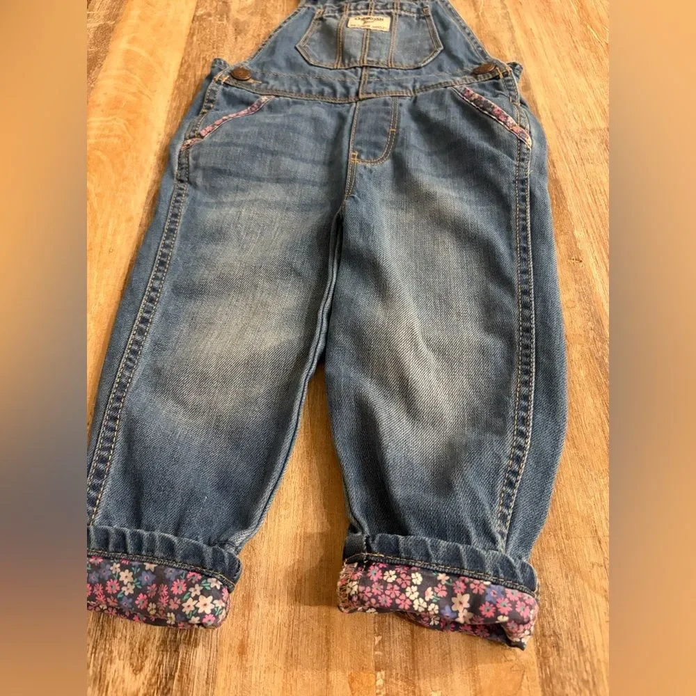 OshKosh B'gosh Blue Denim Overalls with Floral Trim, Size 2T